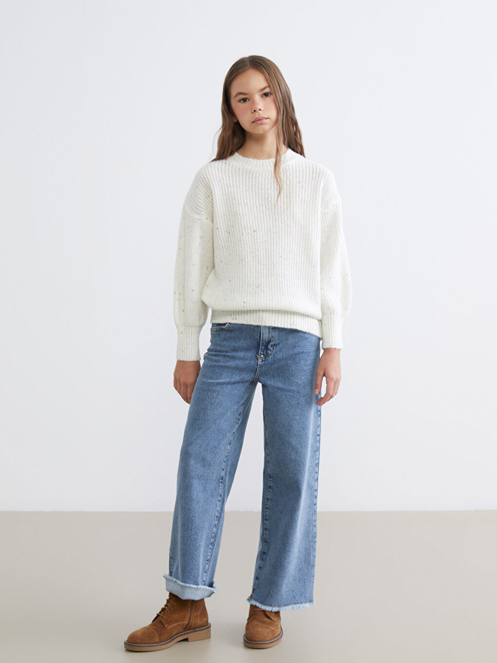 Ekru Bisiklet Yaka Kız Çocuk Triko Kazak-1