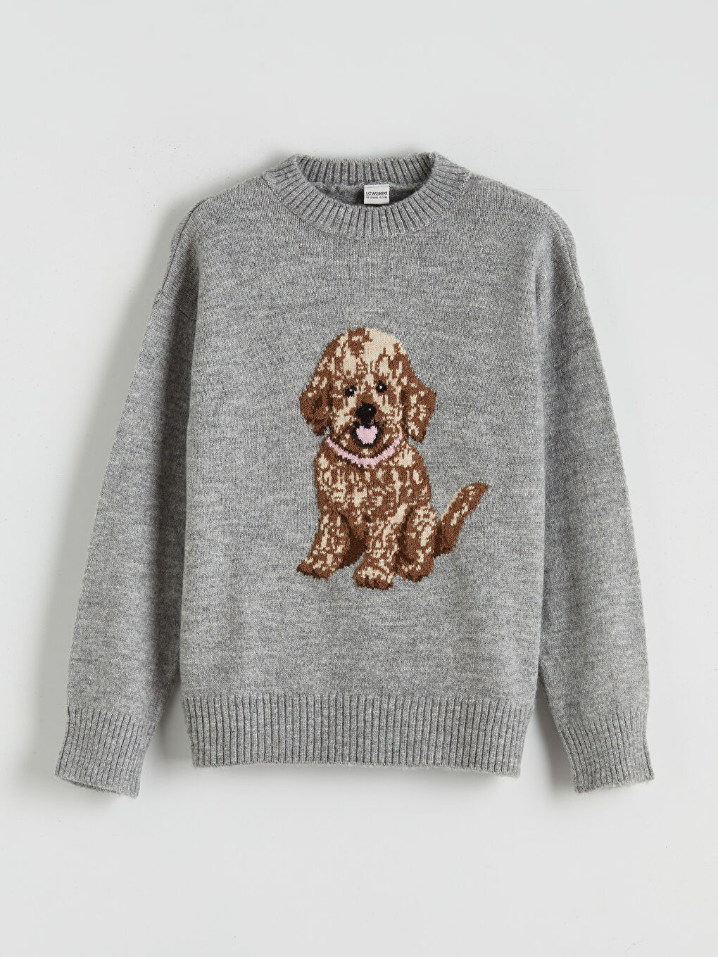 Gri Bisiklet Yaka Desenli Kız Çocuk Triko Kazak