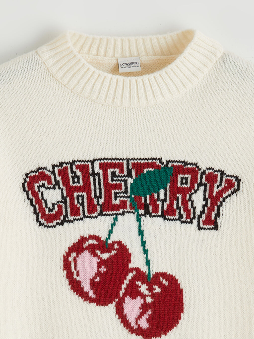 Ekru Bisiklet Yaka Desenli Kız Çocuk Triko Kazak-2