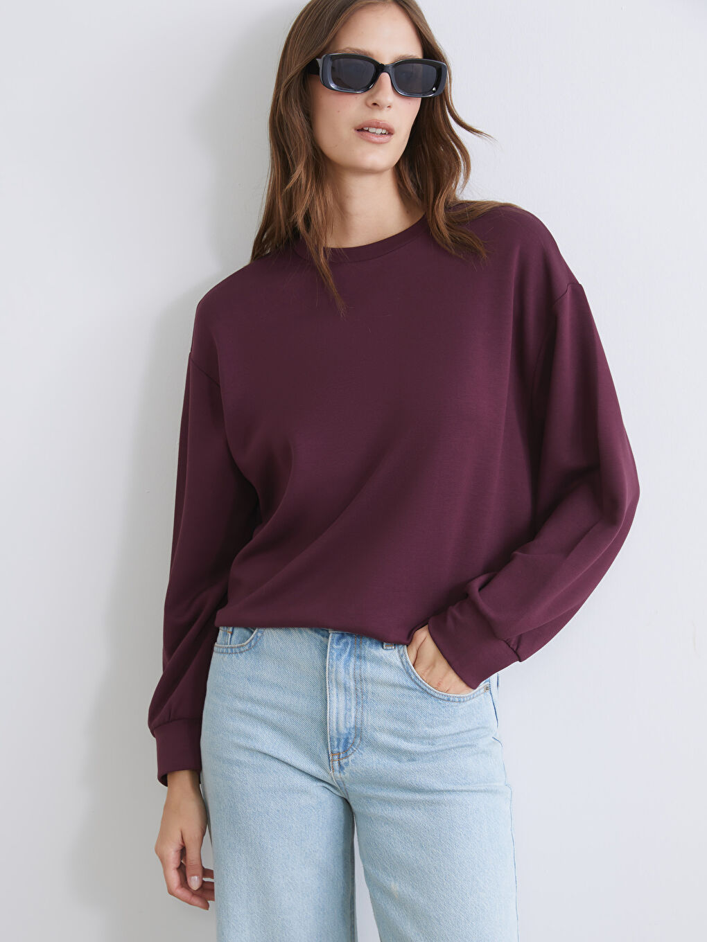 Mürdüm Bisiklet Yaka Oversize Kadın Sweatshirt