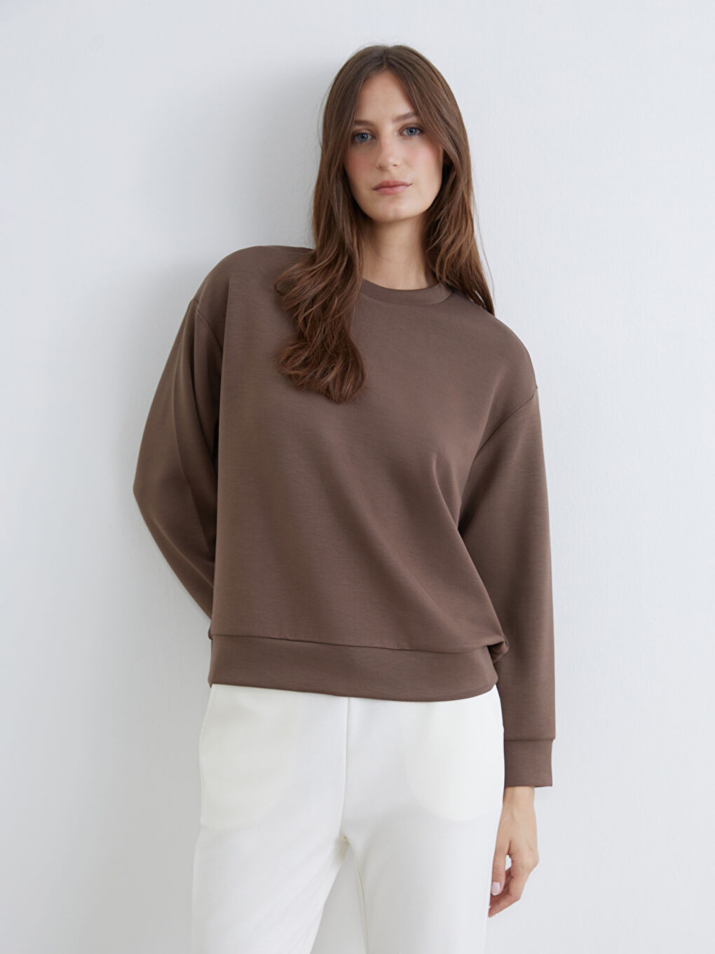 Kahverengi Bisiklet Yaka Oversize Kadın Sweatshirt