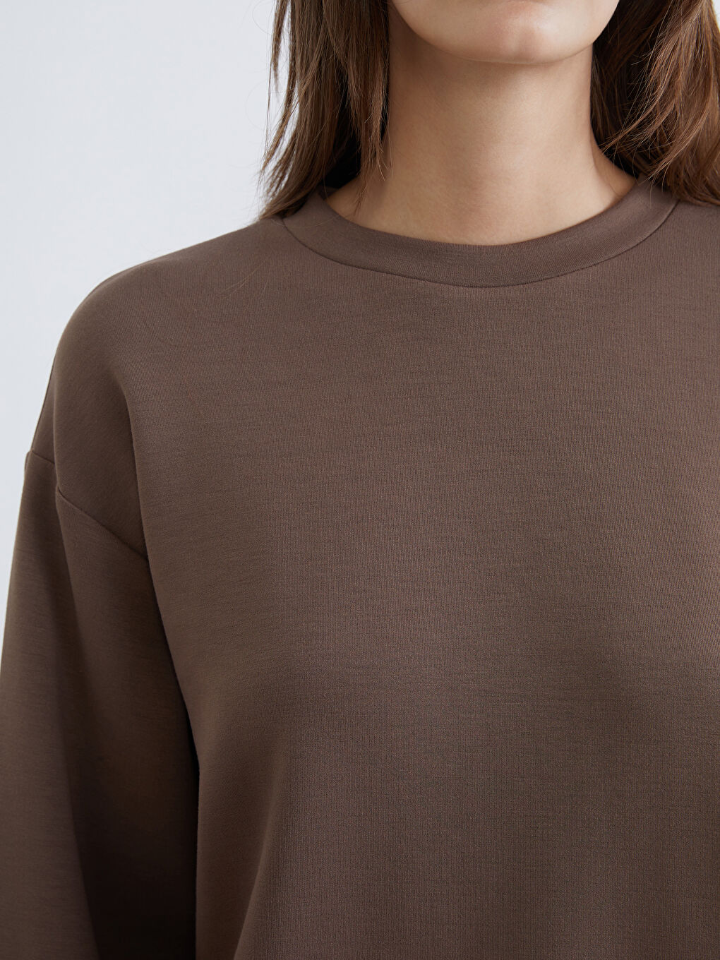 Kahverengi Bisiklet Yaka Oversize Kadın Sweatshirt-2