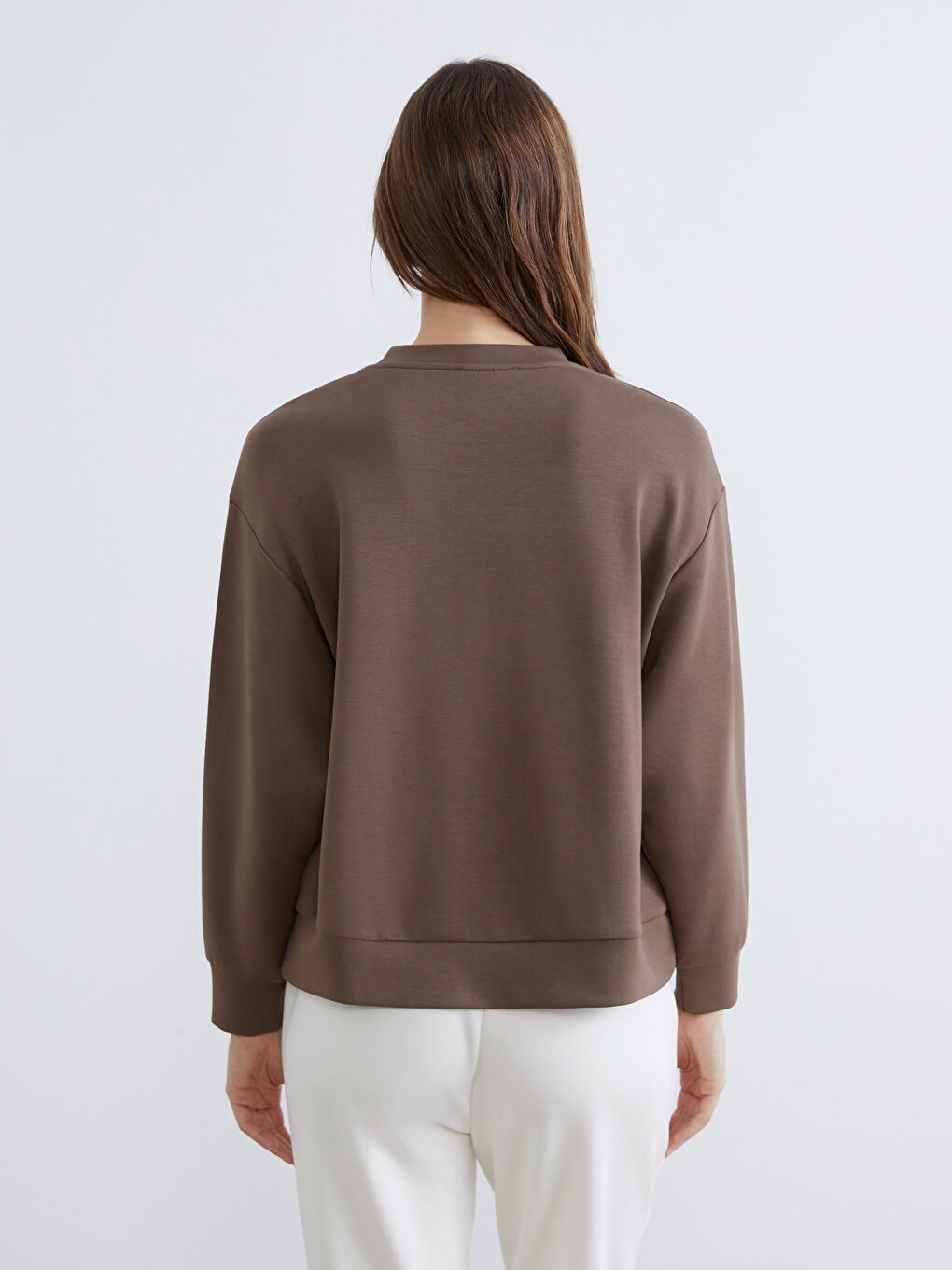 Kahverengi Bisiklet Yaka Oversize Kadın Sweatshirt-3