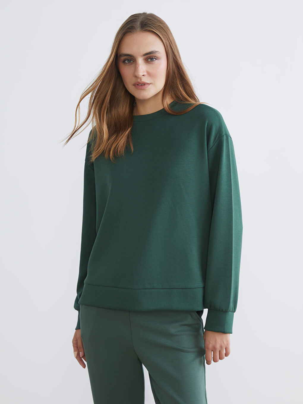 Yeşil Bisiklet Yaka Oversize Kadın Sweatshirt