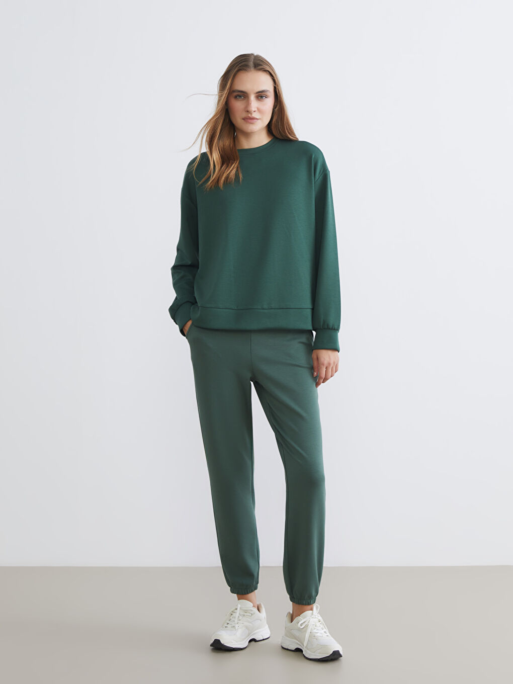 Yeşil Bisiklet Yaka Oversize Kadın Sweatshirt-1