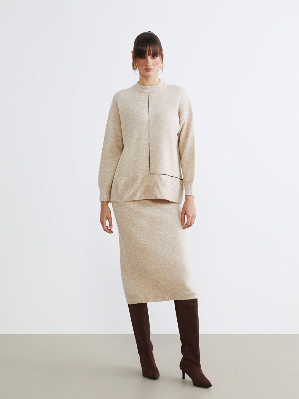 Elastic Waist Slit Detail Knitwear Skirt