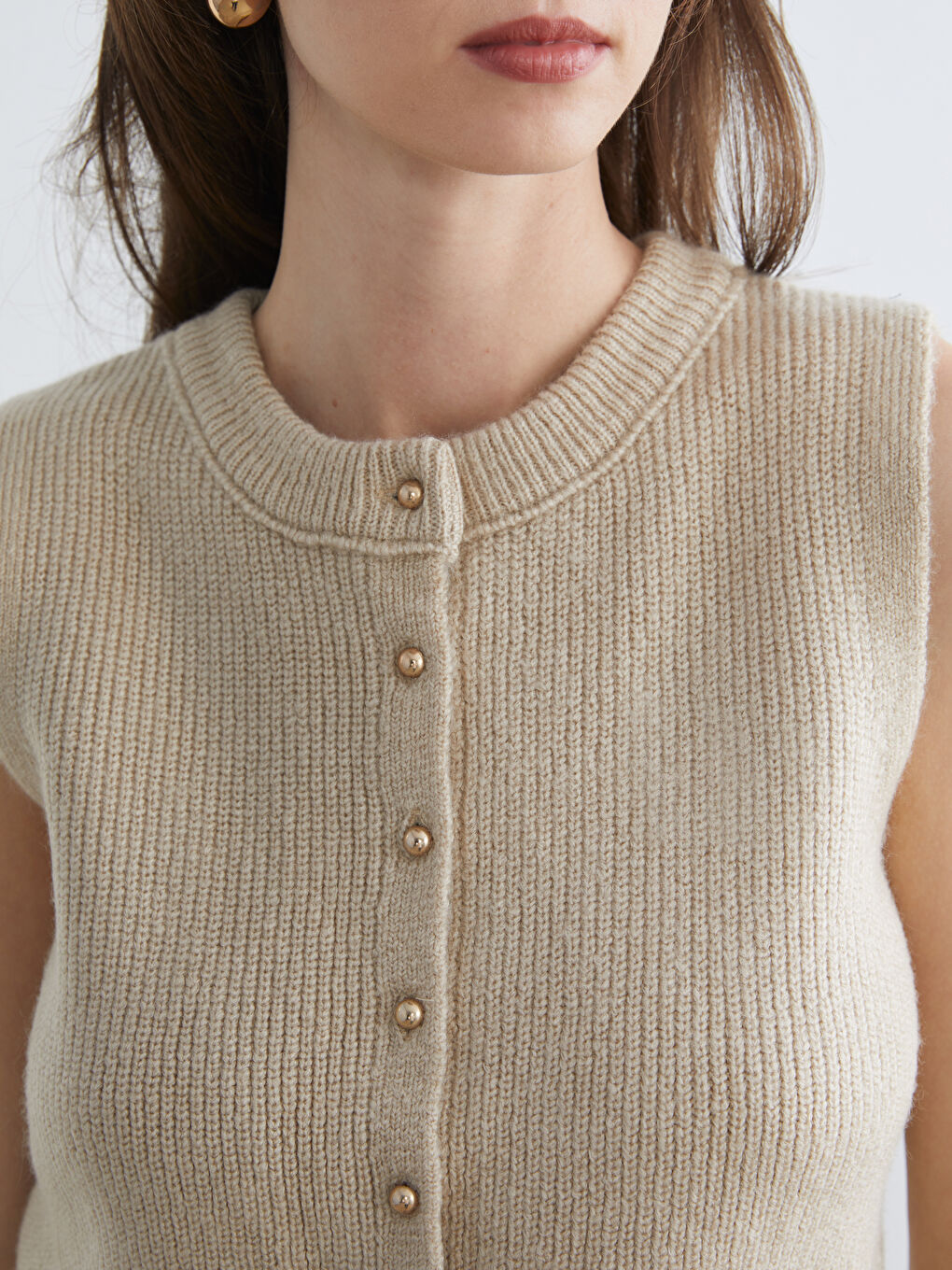 Bej Bisiklet Yaka Kadın Triko Yelek-2