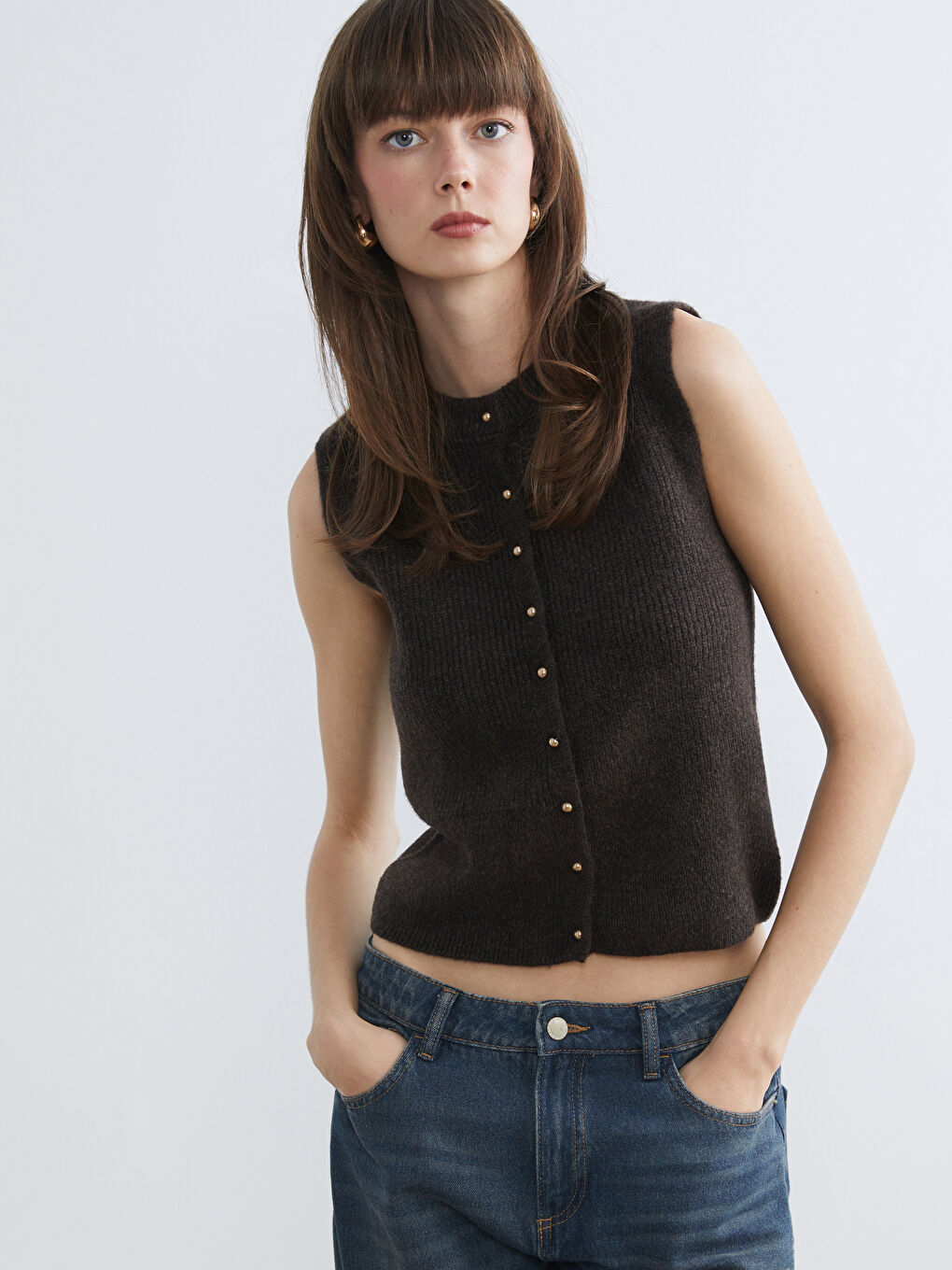 Kahverengi Bisiklet Yaka Kadın Triko Yelek