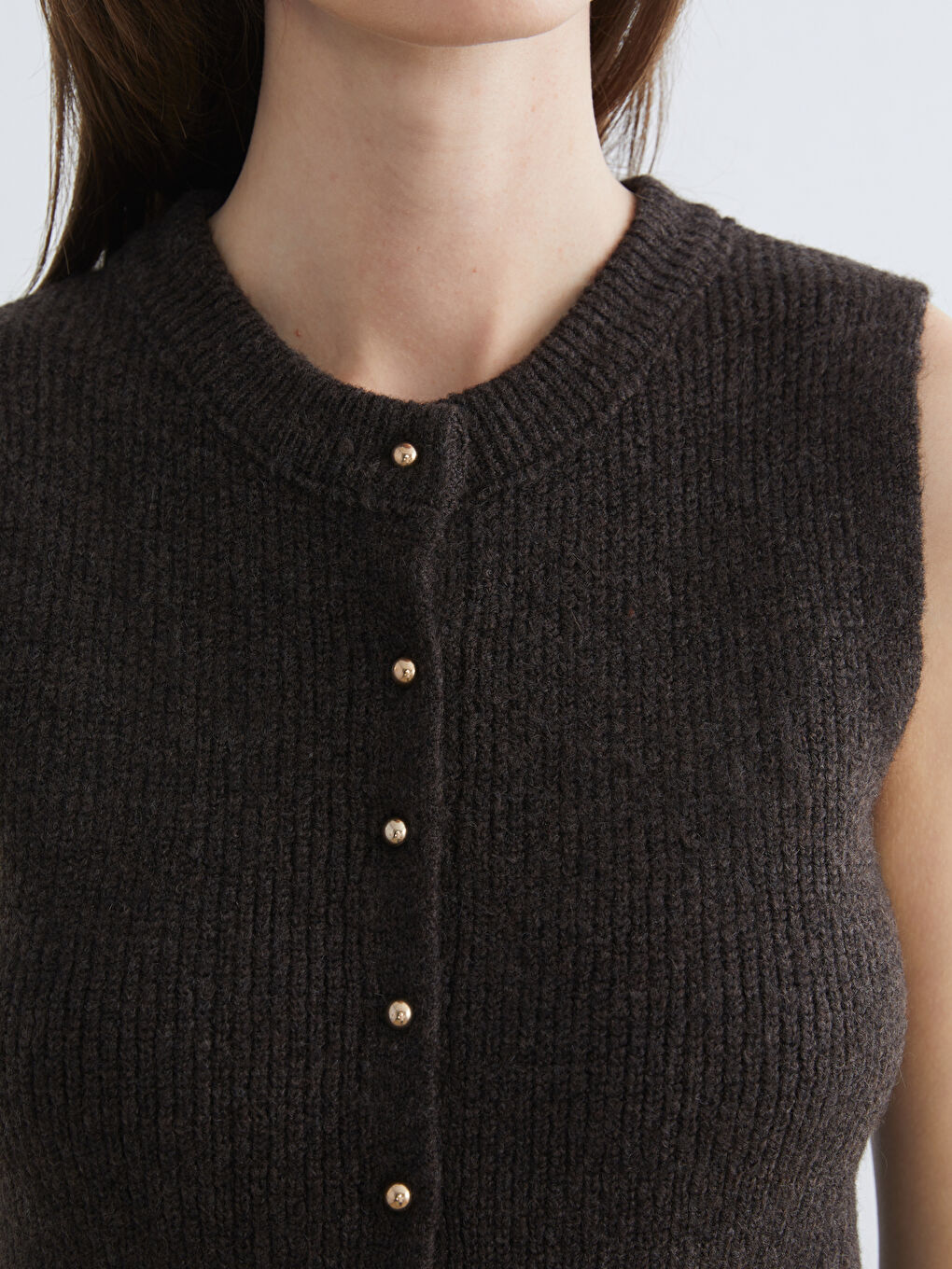 Kahverengi Bisiklet Yaka Kadın Triko Yelek-2