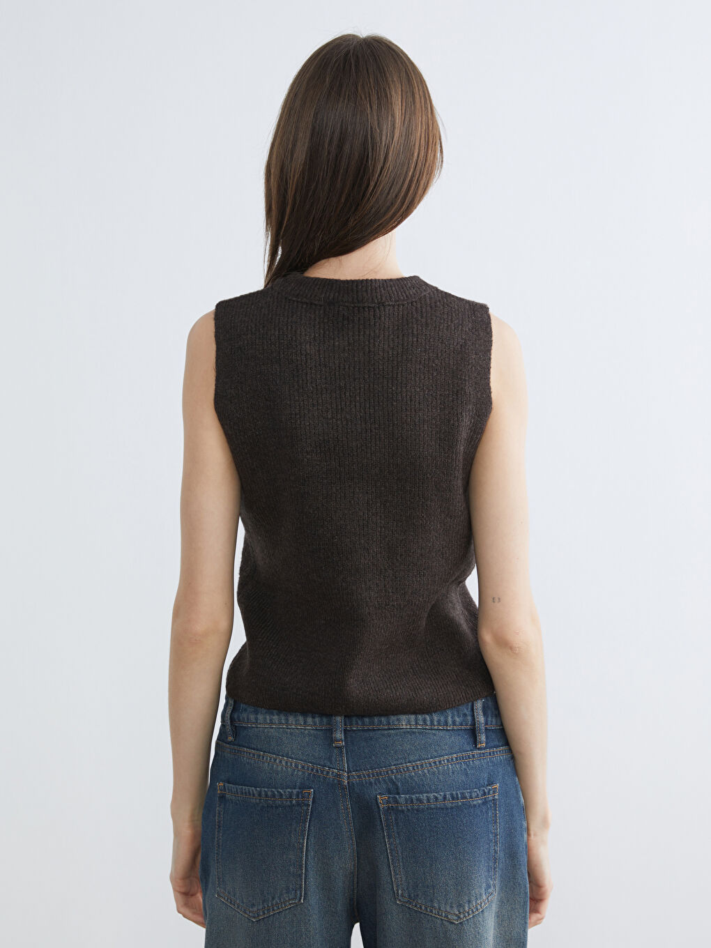 Kahverengi Bisiklet Yaka Kadın Triko Yelek-3