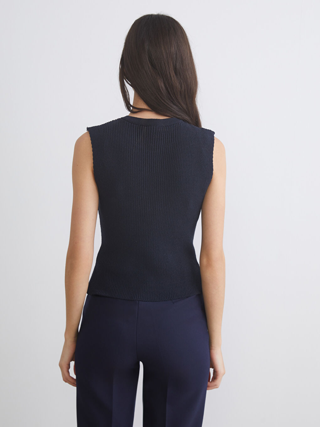 Lacivert Bisiklet Yaka Kadın Triko Yelek-3