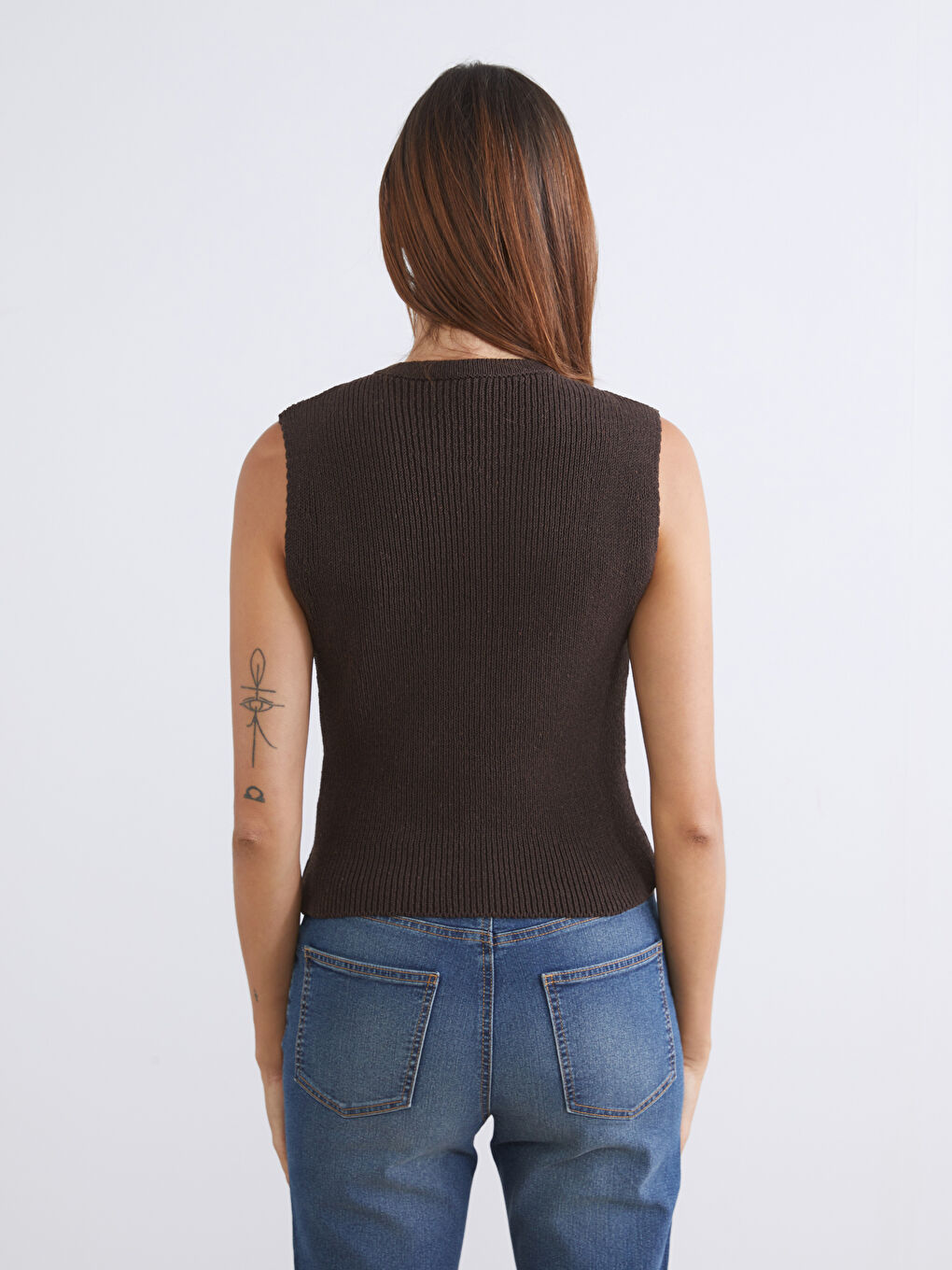 Kahverengi Bisiklet Yaka Kadın Triko Yelek-3