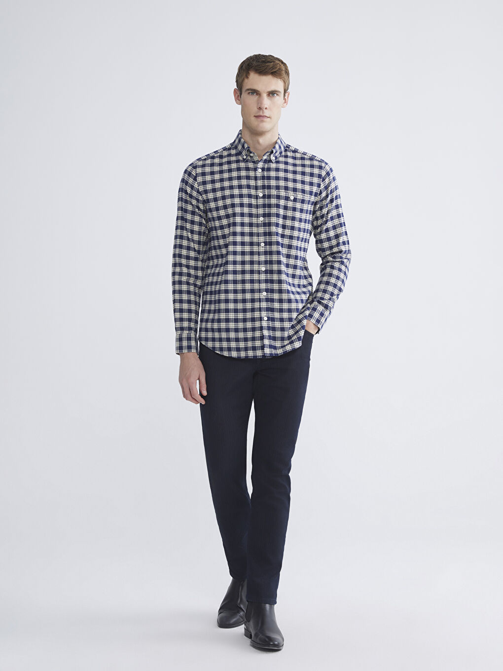 Ekru Regular Fit Uzun Kollu Ekose Erkek Gömlek-1