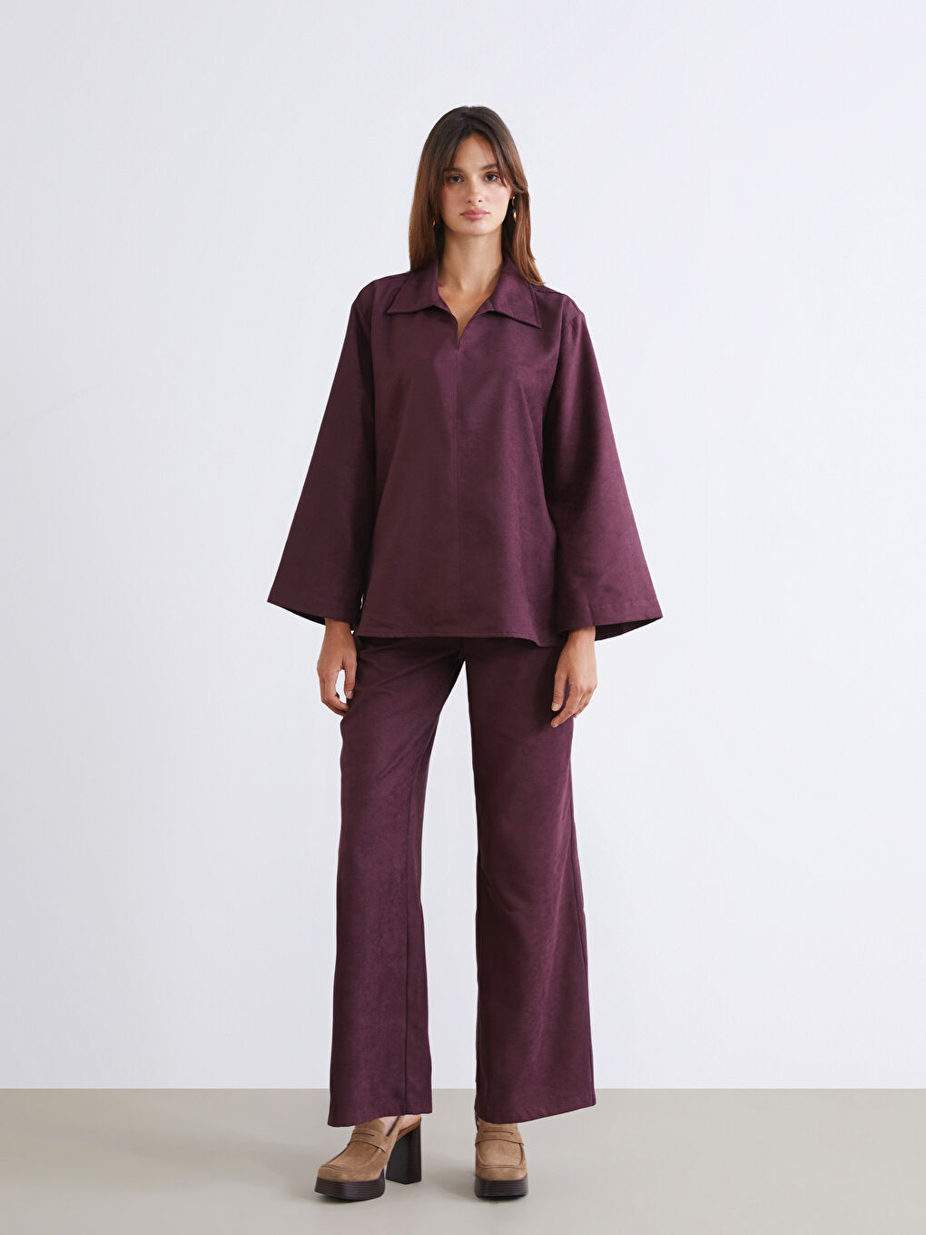 Bordo Gömlek Yaka Süet Görünümlü Bluz-1