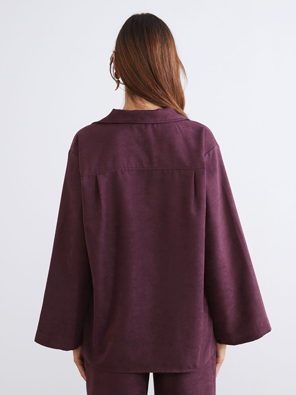 Bordo Gömlek Yaka Süet Görünümlü Bluz-3
