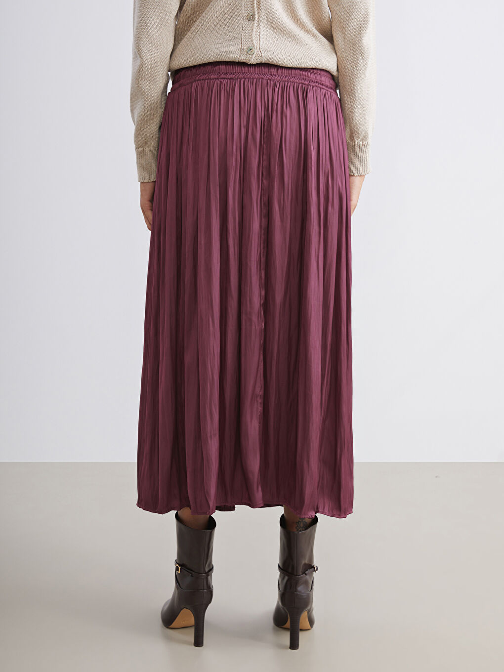 Bordo Beli Lastikli Saten Pileli Etek-3