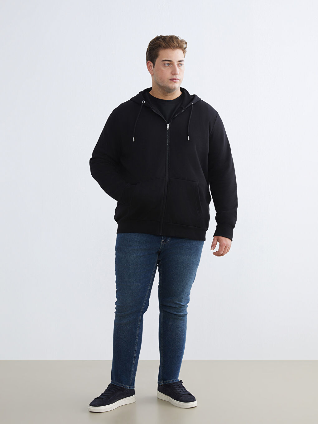 Siyah Büyük Beden Kapüşonlu Erkek Kalın Fermuarlı Sweatshirt-1