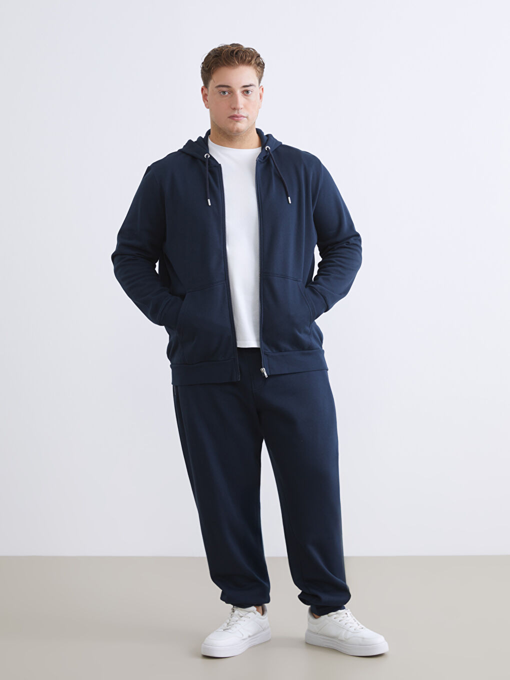 Lacivert Büyük Beden Kapüşonlu Erkek Kalın Fermuarlı Sweatshirt-1