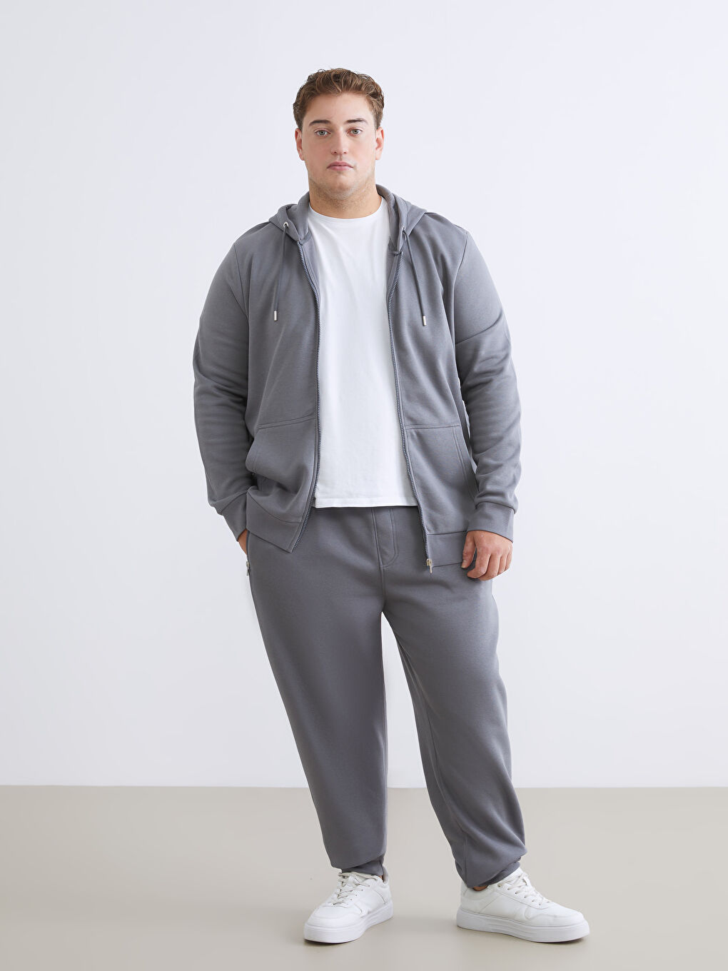 Gri Büyük Beden Kapüşonlu Erkek Kalın Fermuarlı Sweatshirt-1