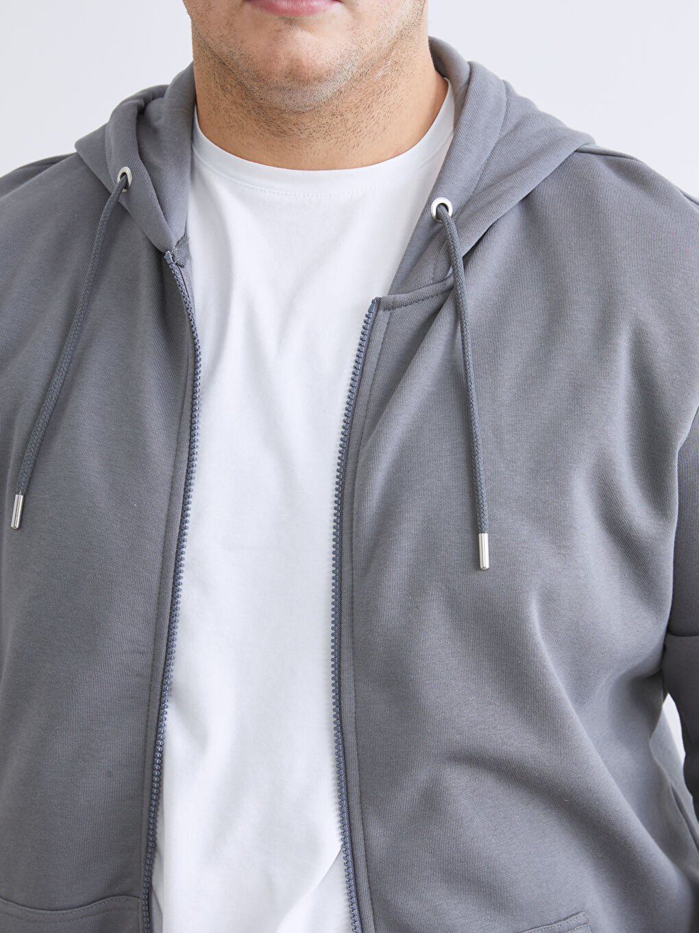 Gri Büyük Beden Kapüşonlu Erkek Kalın Fermuarlı Sweatshirt-2