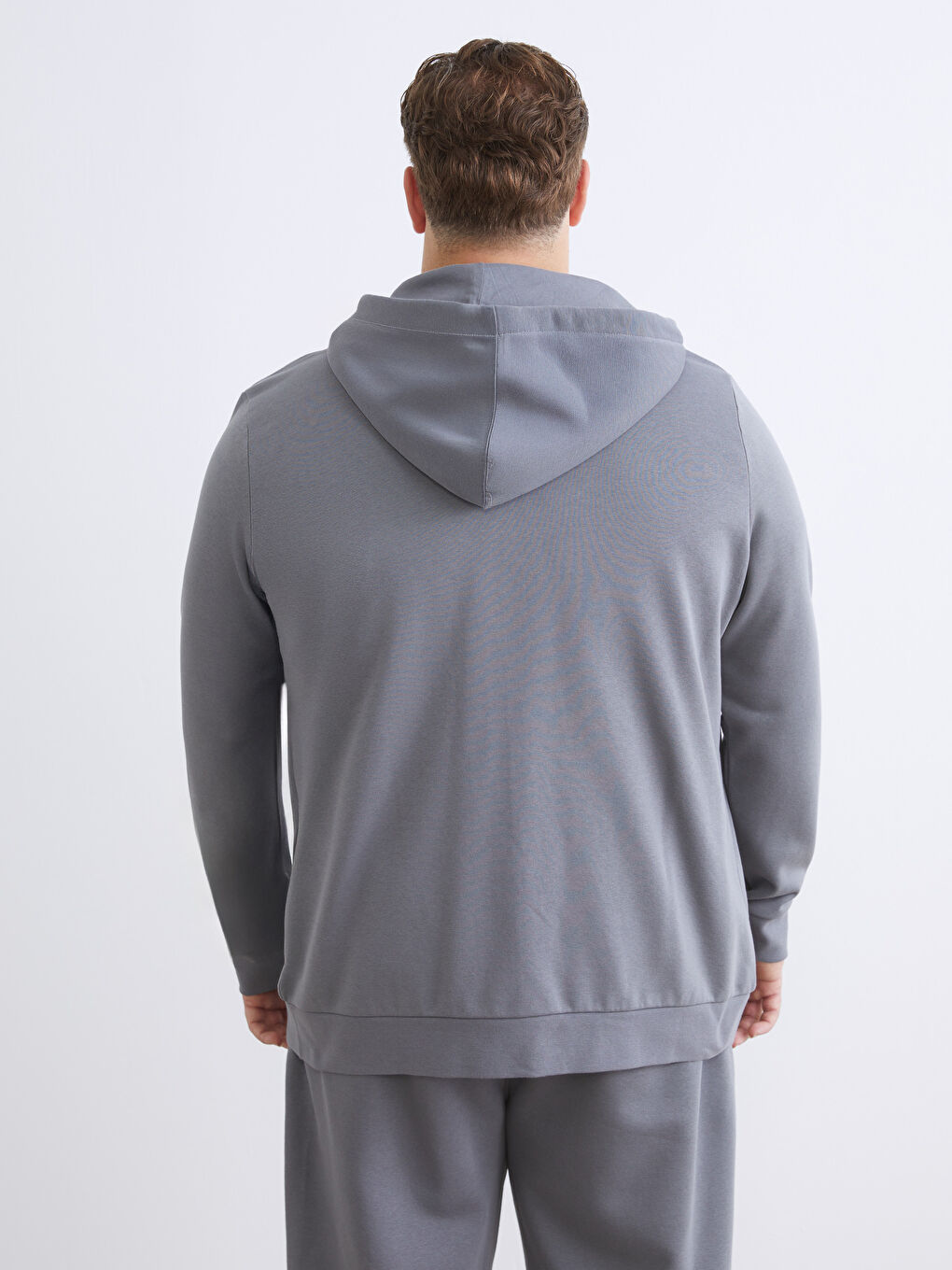 Gri Büyük Beden Kapüşonlu Erkek Kalın Fermuarlı Sweatshirt-3