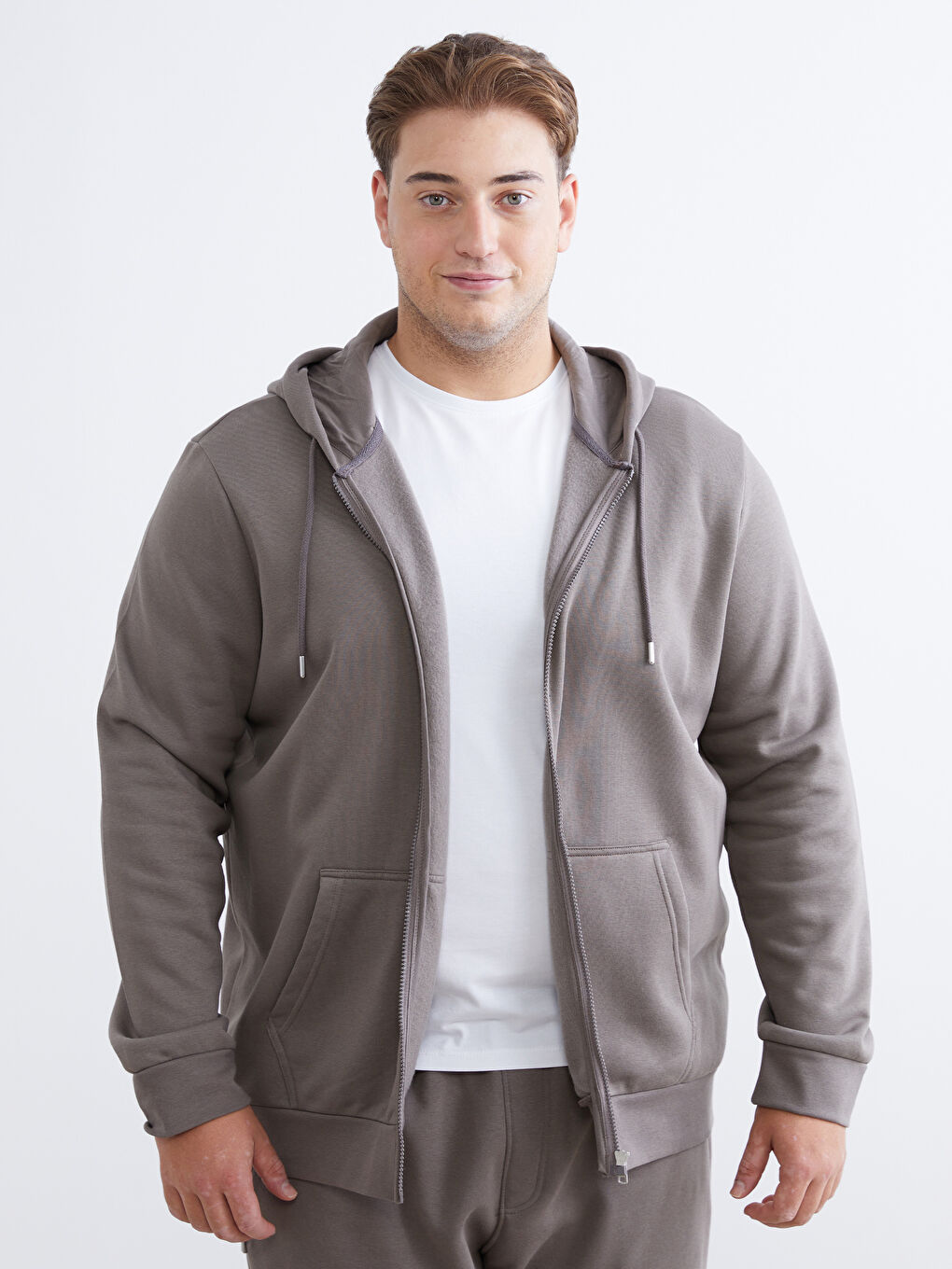 Kahverengi Büyük Beden Kapüşonlu Erkek Kalın Fermuarlı Sweatshirt