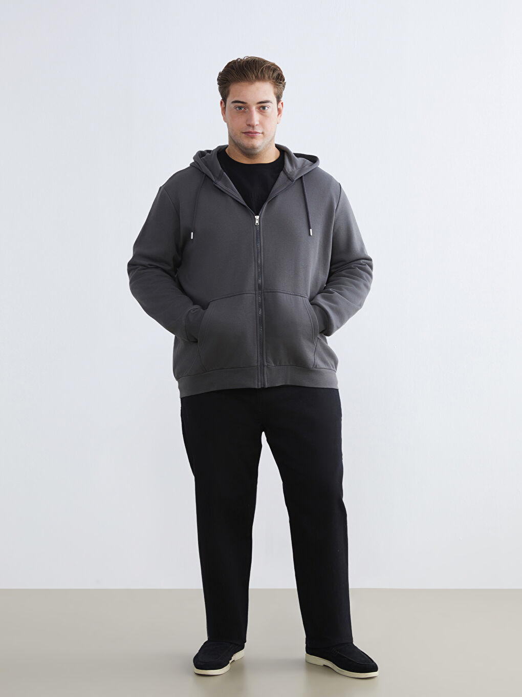 Gri Büyük Beden Kapüşonlu Erkek Kalın Fermuarlı Sweatshirt-1