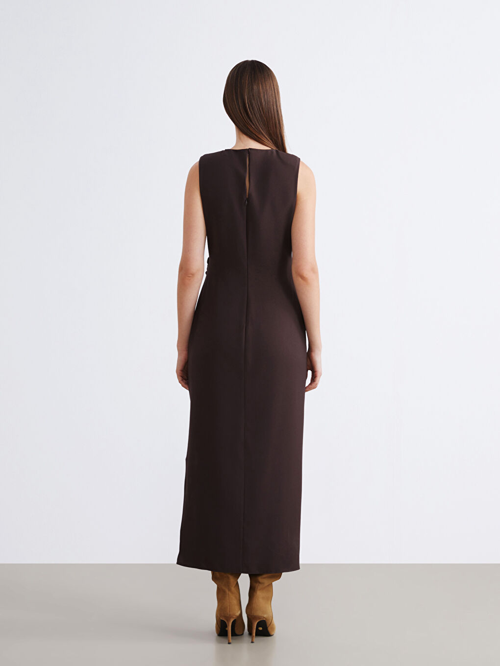 Kahverengi Bisiklet Yaka Büzgülü Belden Oturtmalı Elbise-3