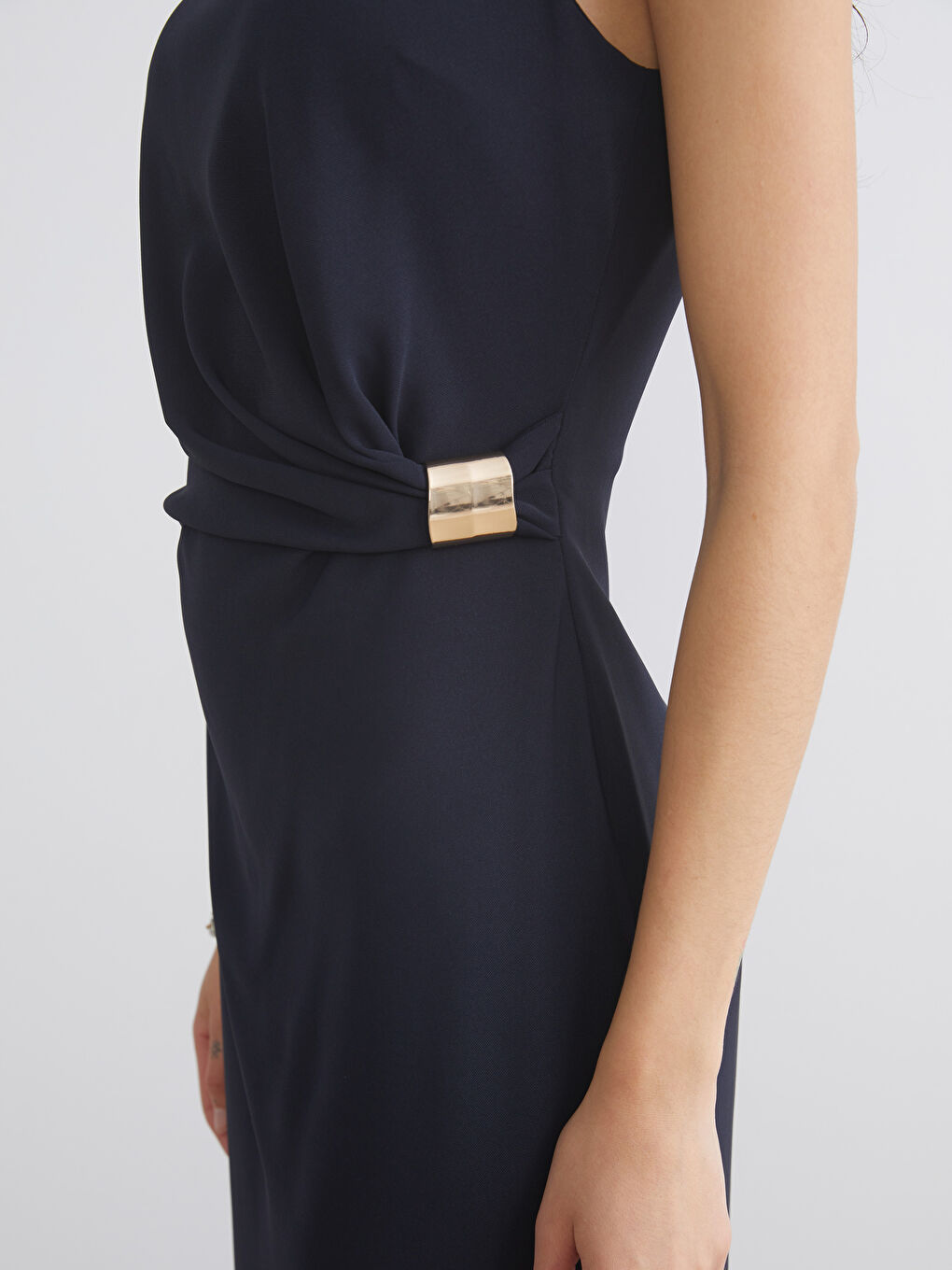 Lacivert Bisiklet Yaka Büzgülü Belden Oturtmalı Elbise-2