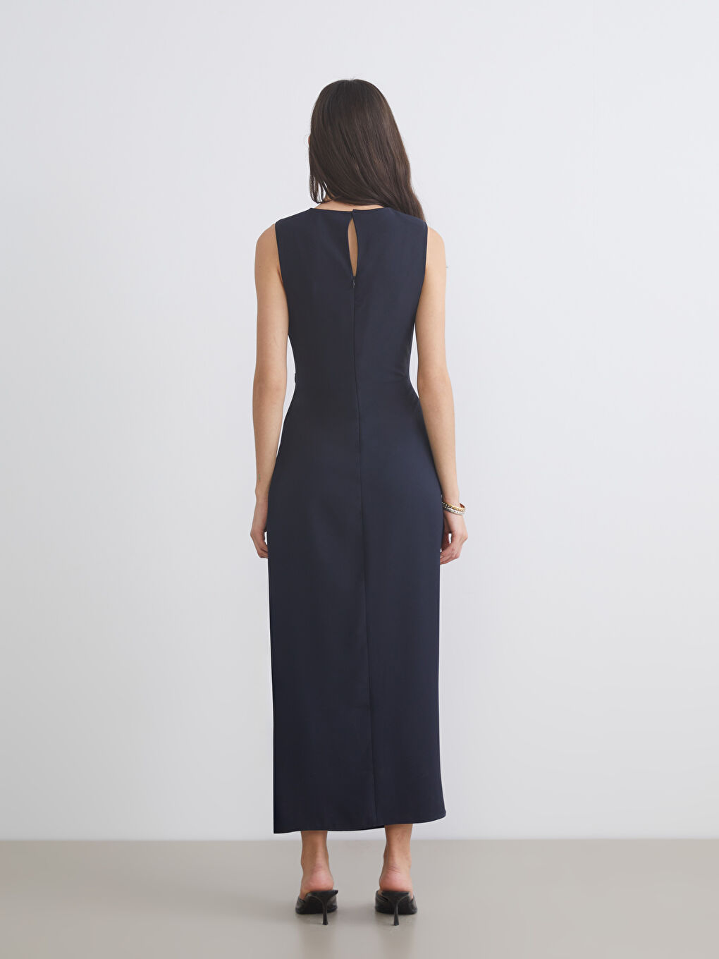 Lacivert Bisiklet Yaka Büzgülü Belden Oturtmalı Elbise-3