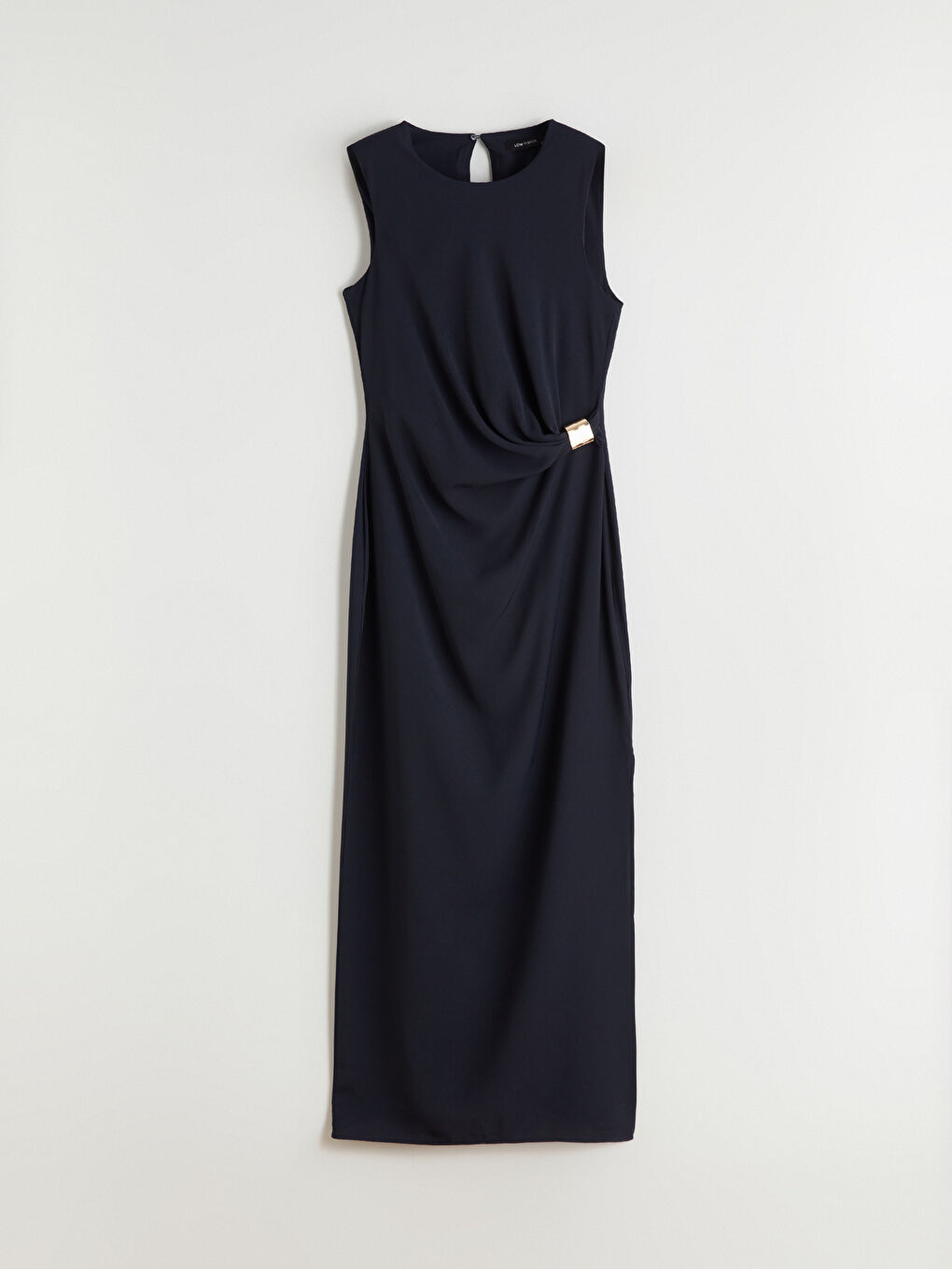 Lacivert Bisiklet Yaka Büzgülü Belden Oturtmalı Elbise-4