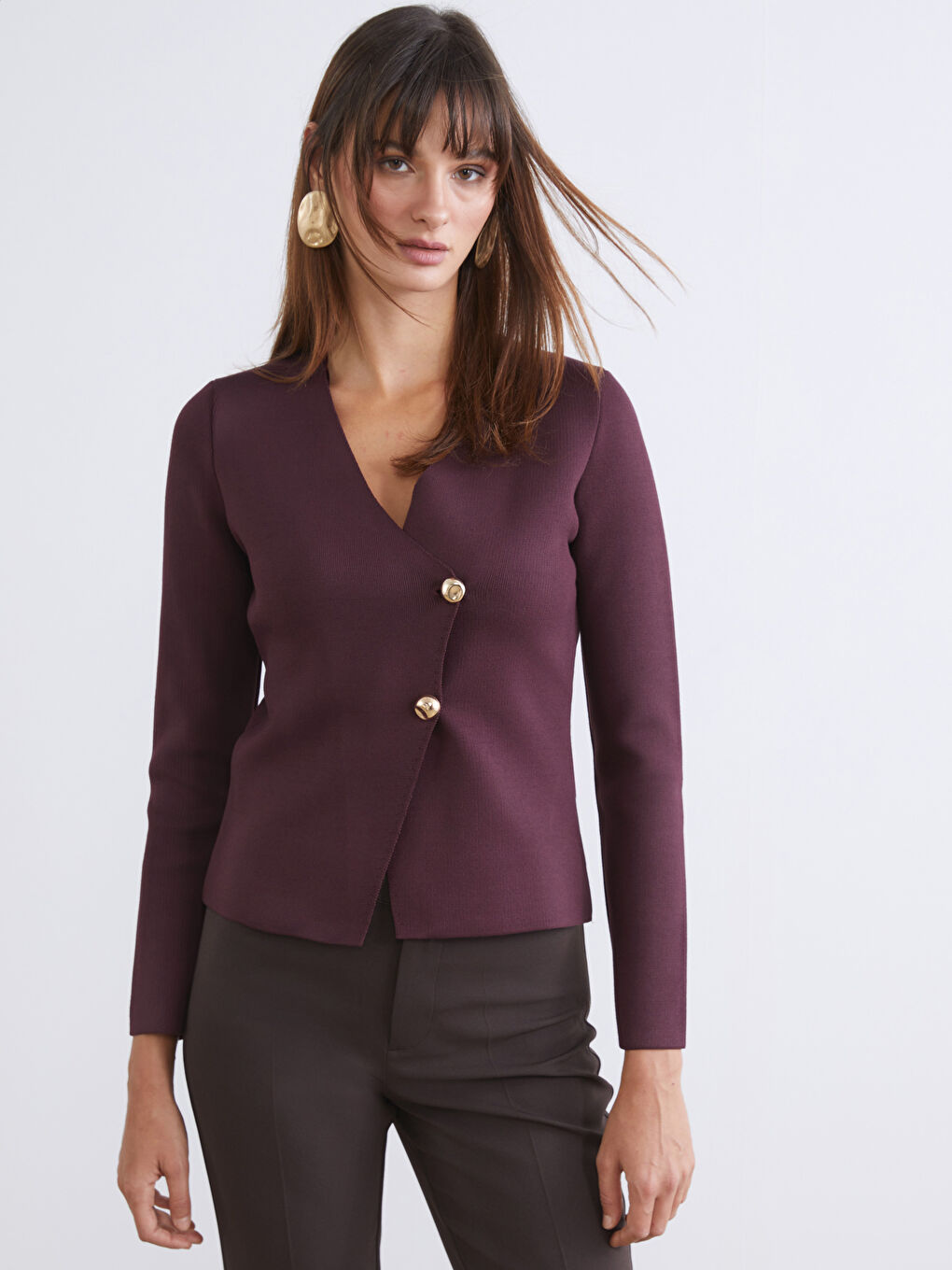 Mürdüm Kruvaze Yaka Kadın Triko Hırka