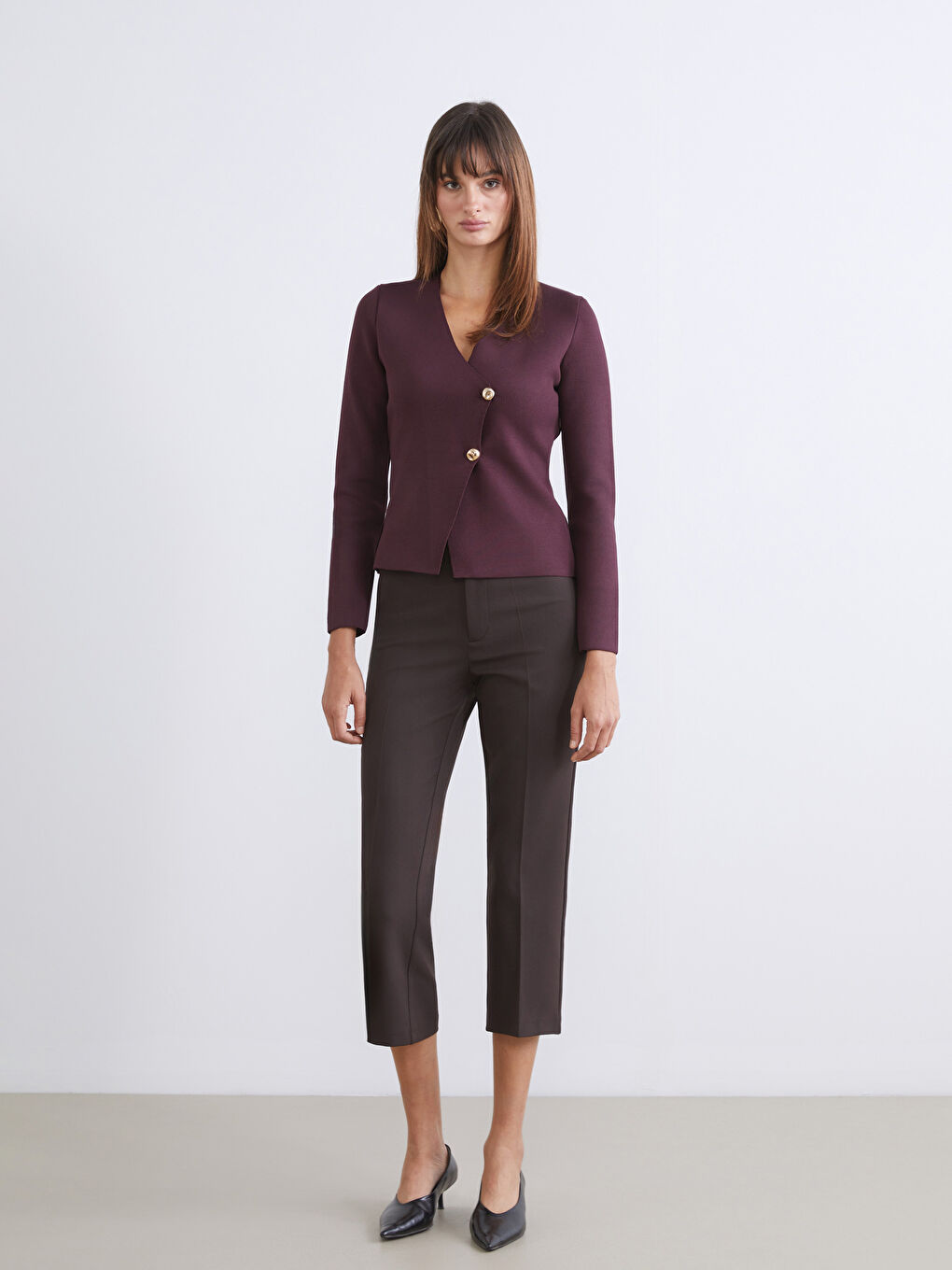 Mürdüm Kruvaze Yaka Kadın Triko Hırka-1