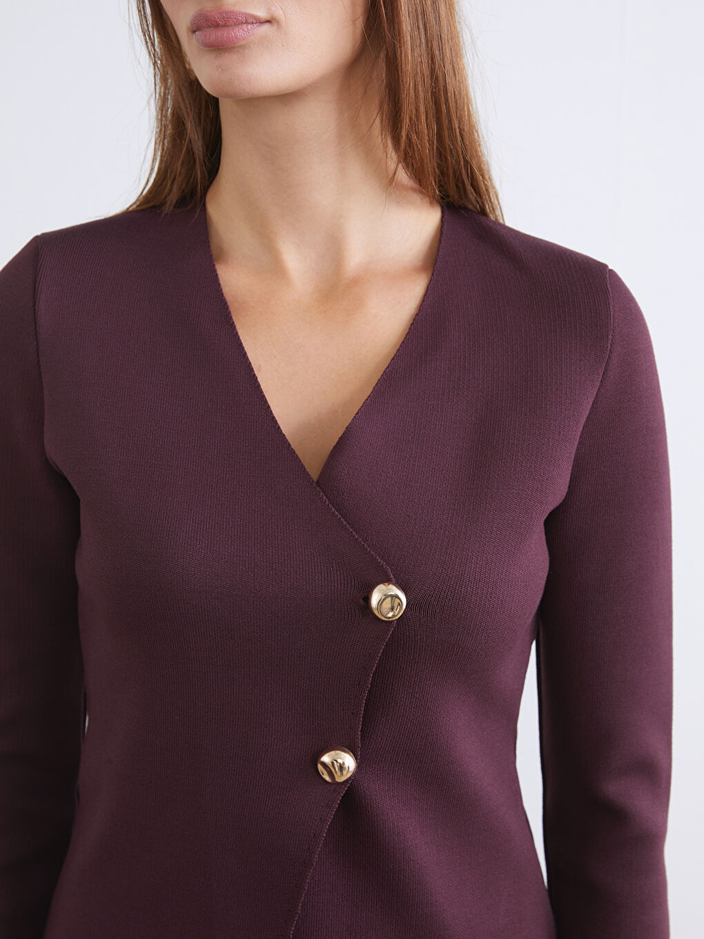 Mürdüm Kruvaze Yaka Kadın Triko Hırka-2