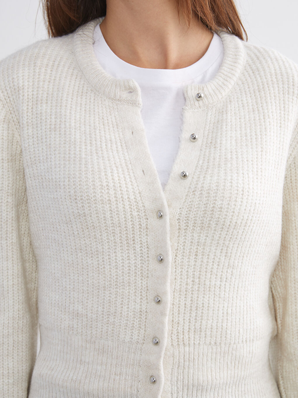 Ekru Bisiklet Yaka Kadın Triko Hırka-2