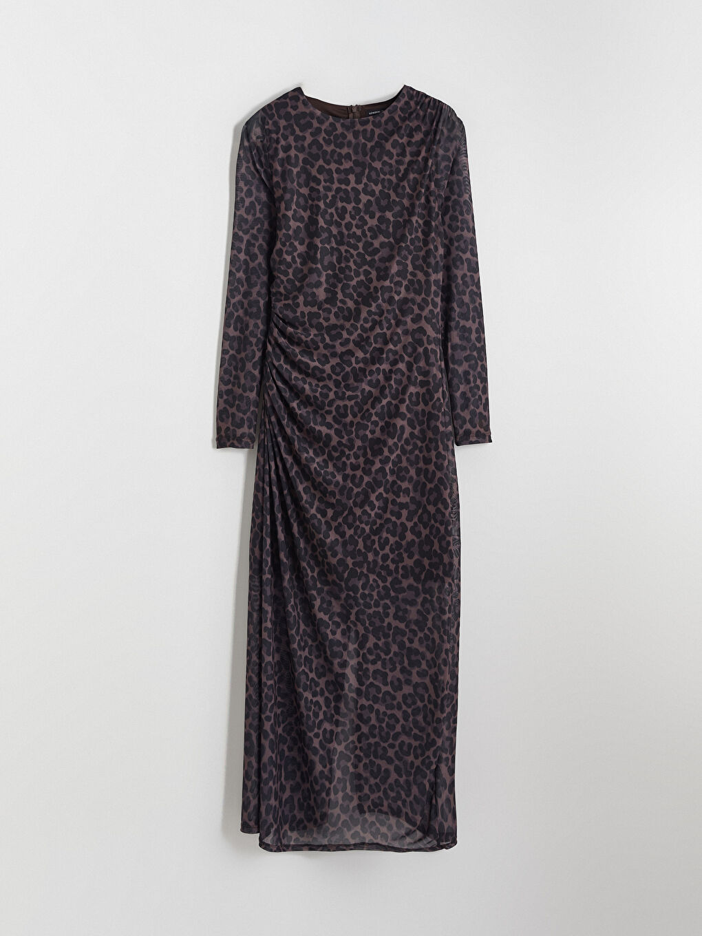 Kahverengi Bisiklet Yaka Leopar Desenli Büzgülü Elbise-4