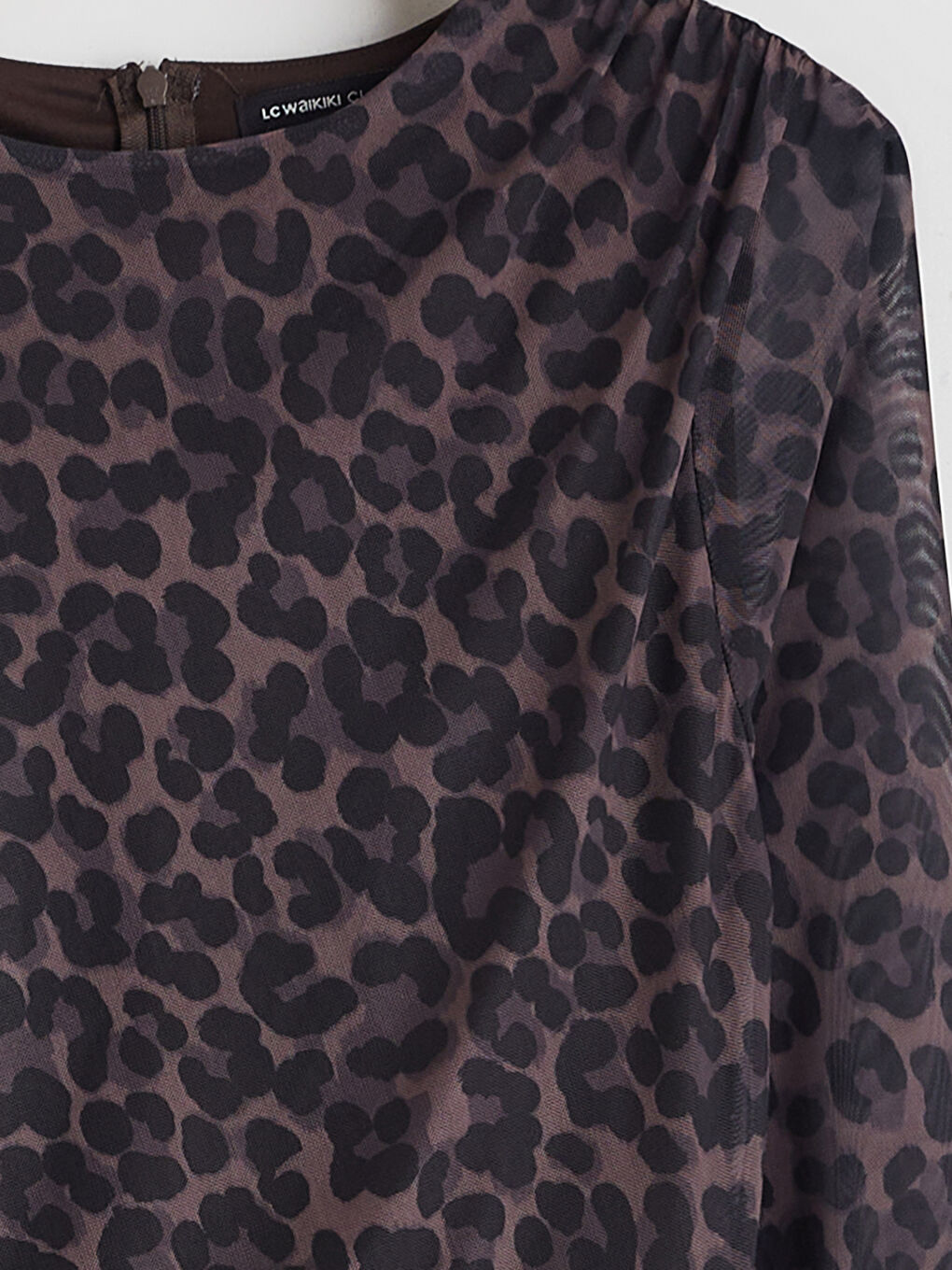 Kahverengi Bisiklet Yaka Leopar Desenli Büzgülü Elbise-5