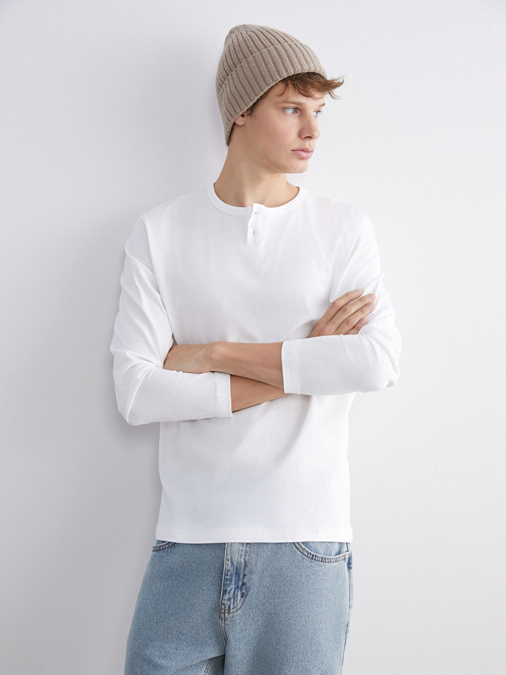 Ekru Bisiklet Yaka Erkek Sweatshirt