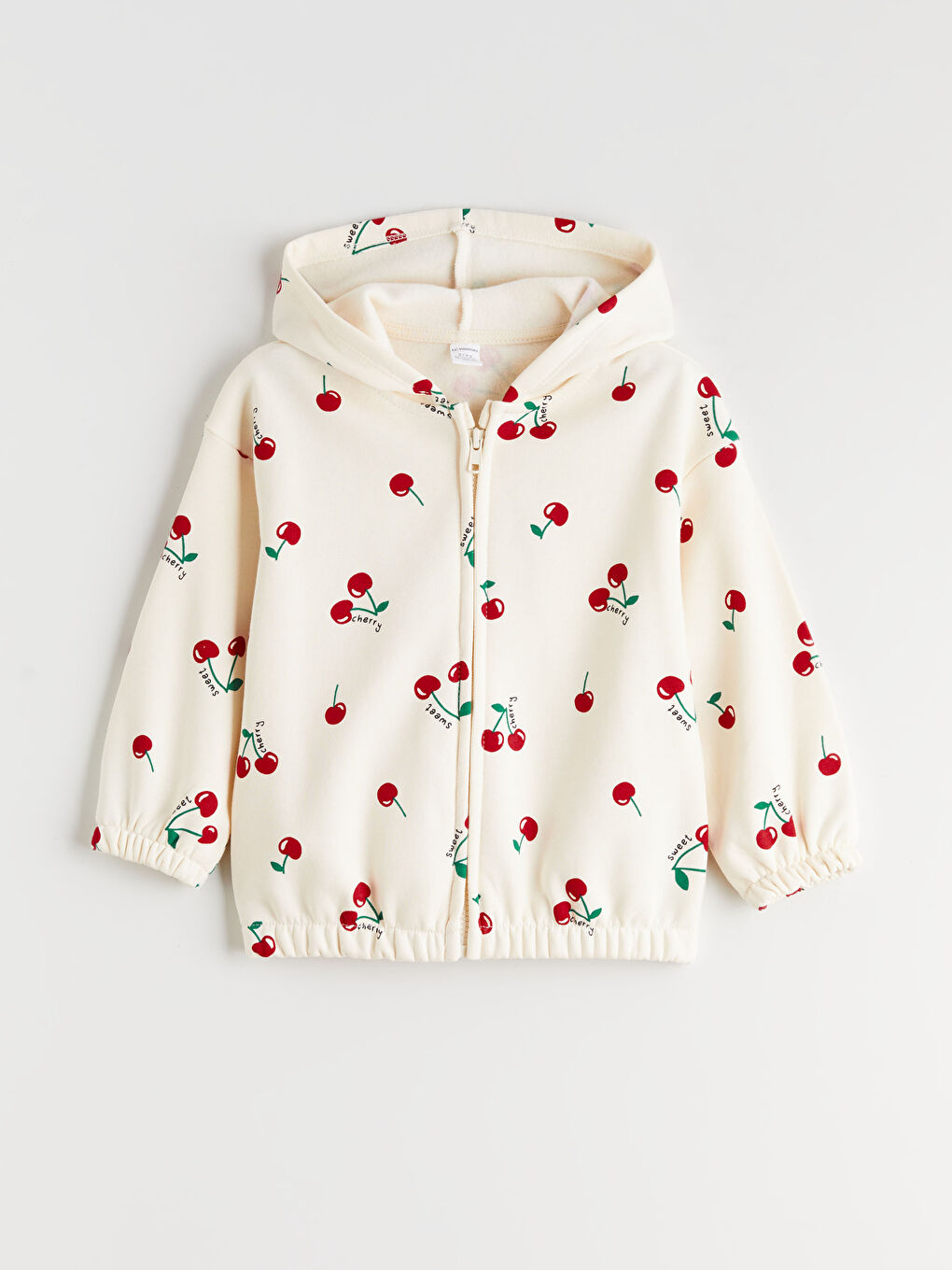 Ekru Kapüşonlu Baskılı Kız Çocuk Fermuarlı Sweatshirt