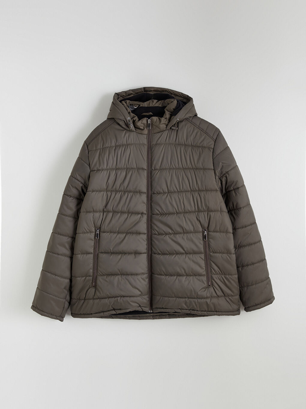 Haki Standart Kalıp Kapüşonlu Erkek Şişme Mont-5