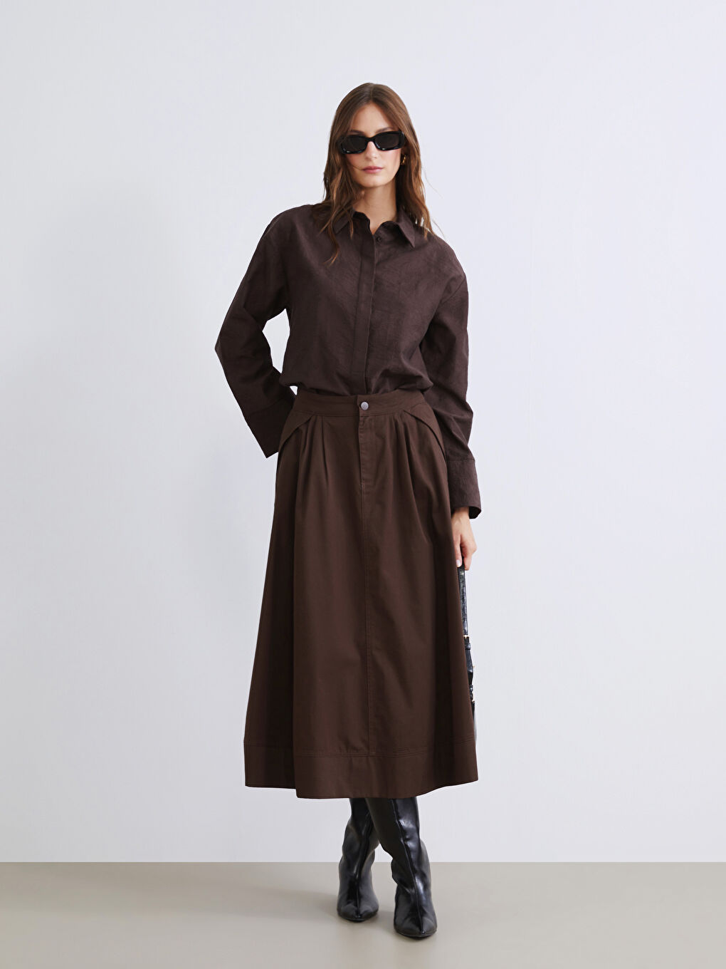 Kahverengi Desenli Kadın Gömlek Tunik-1