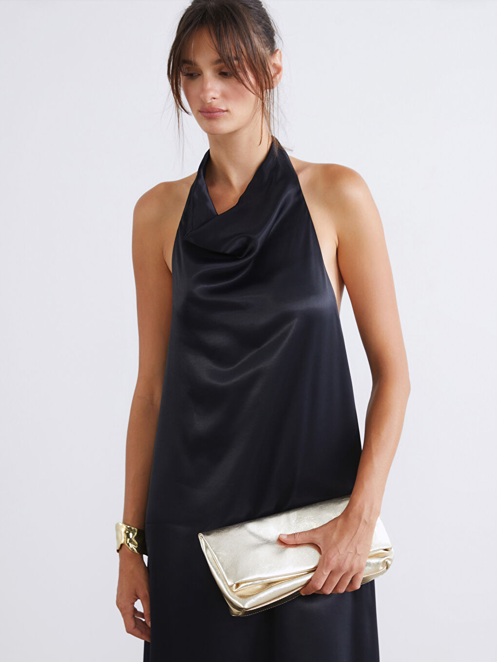 Siyah Halter Yaka Saten Abiye Elbise-1