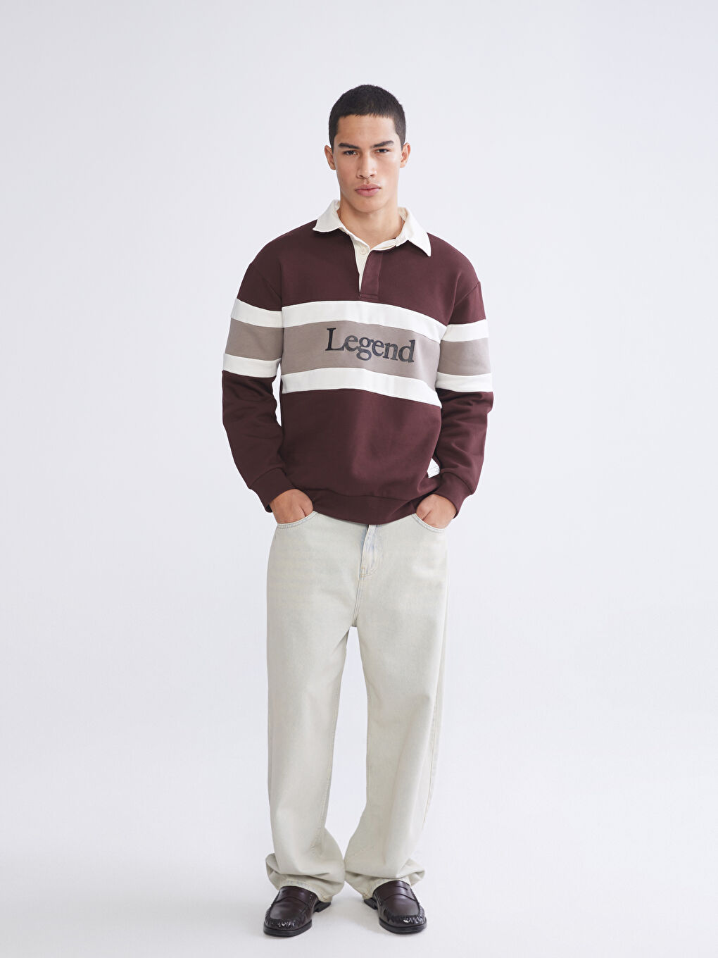 Bordo Polo Yaka Baskılı Erkek Sweatshirt-1