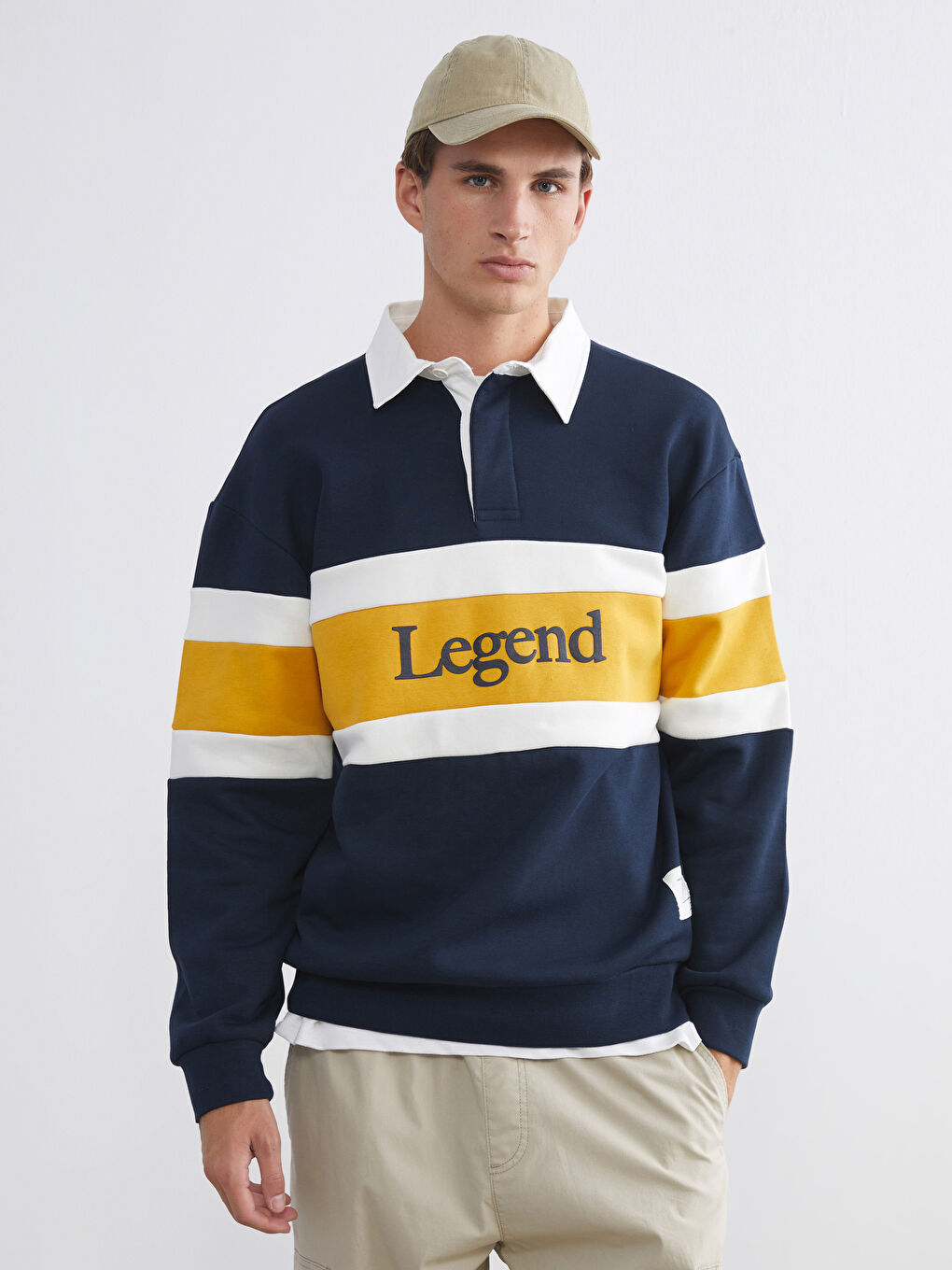 Lacivert Polo Yaka Baskılı Erkek Sweatshirt