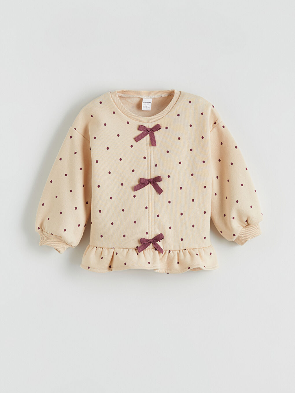 Ekru Bisiklet Yaka Puantiyeli Fiyonklu Kız Çocuk Sweatshirt