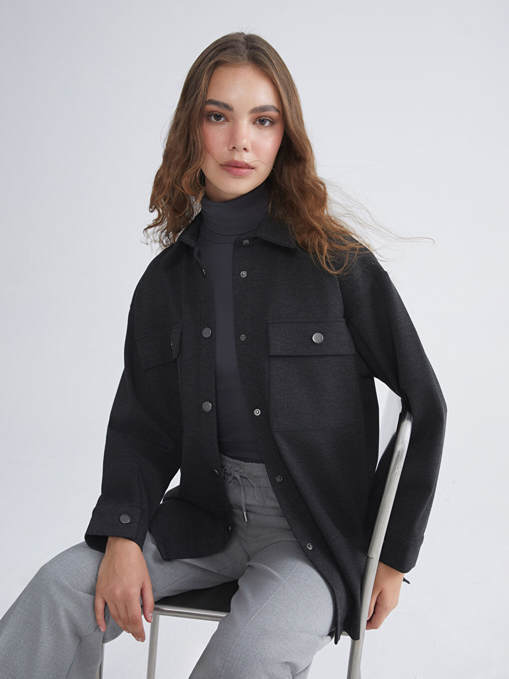 Antrasit Oversize Kadın Gömlek Tunik