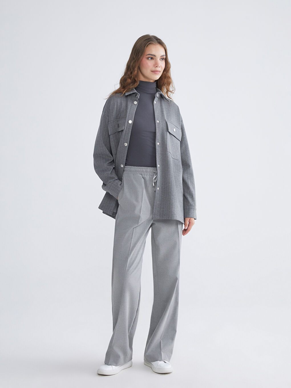 Gri Çizgili Oversize Kadın Gömlek Tunik-1