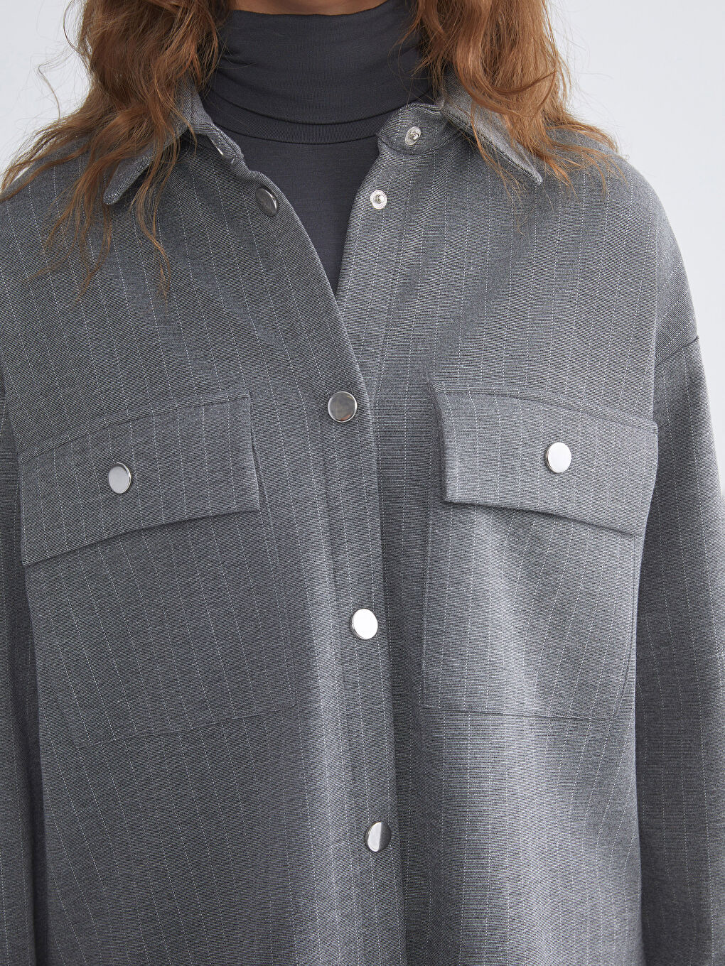 Gri Çizgili Oversize Kadın Gömlek Tunik-2