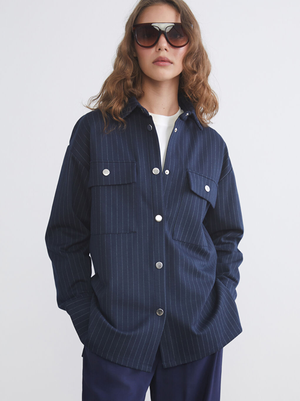 Lacivert Çizgili Oversize Kadın Gömlek Tunik