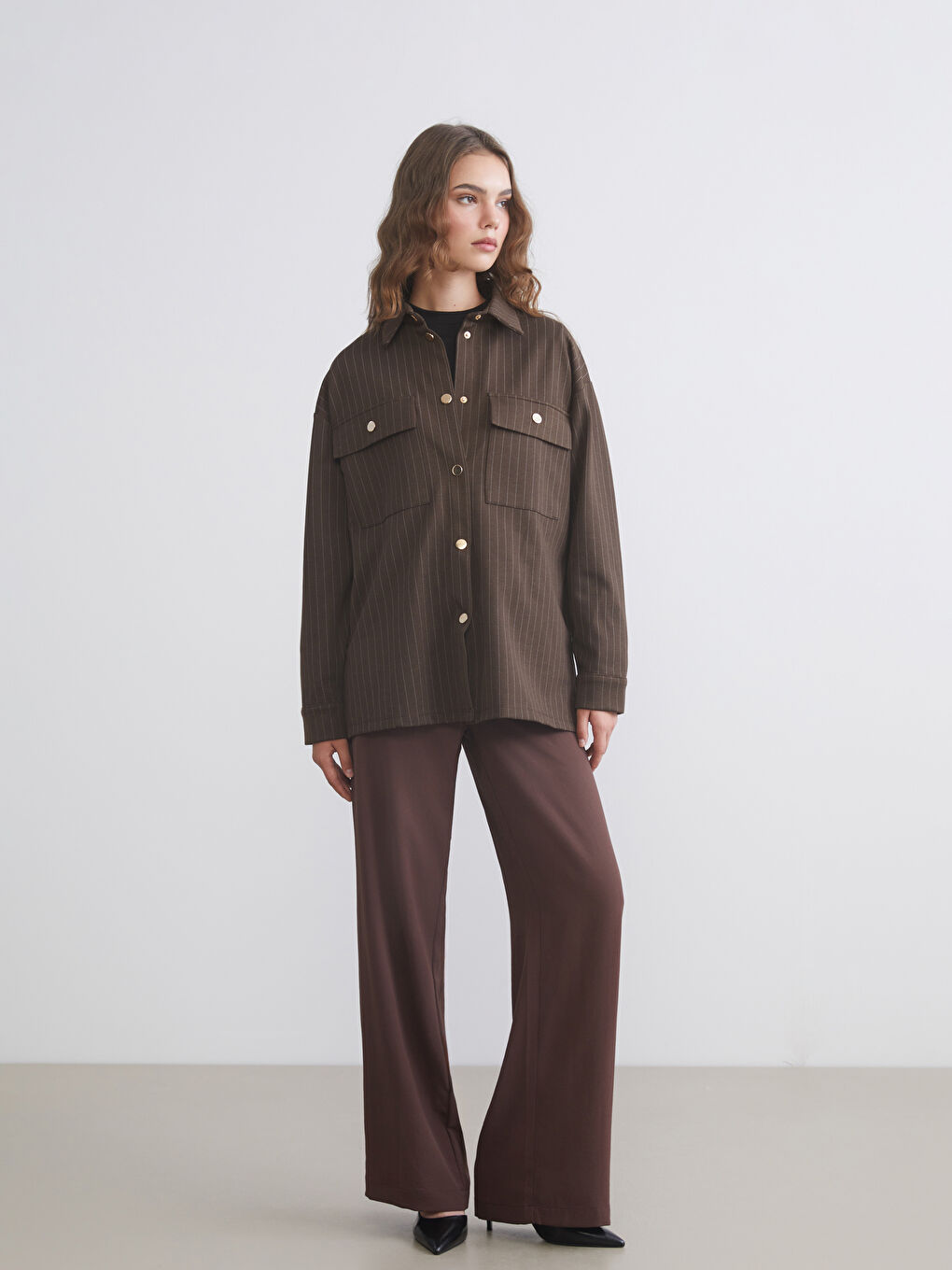 Bej Çizgili Oversize Kadın Gömlek Tunik-1